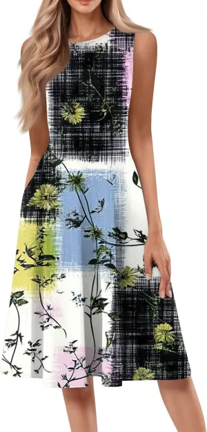 Summer Dresses for Women 2025 Midi Short Sleeve O Neck Sleeveless Dresses Beach Sundress A Line Dress with Side Pocket