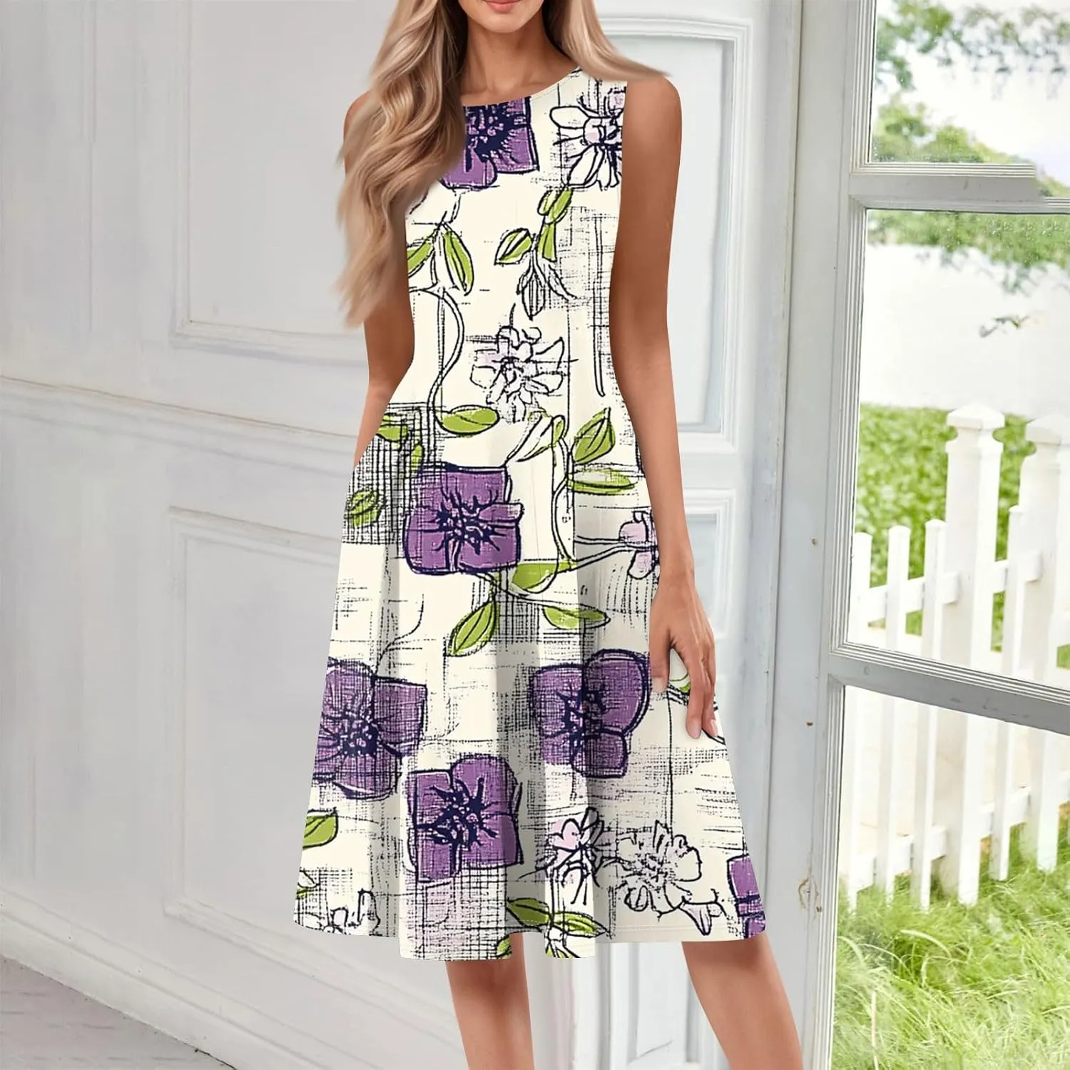 Summer Dresses for Women 2025 Midi Short Sleeve O Neck Sleeveless Dresses Beach Sundress A Line Dress with Side Pocket