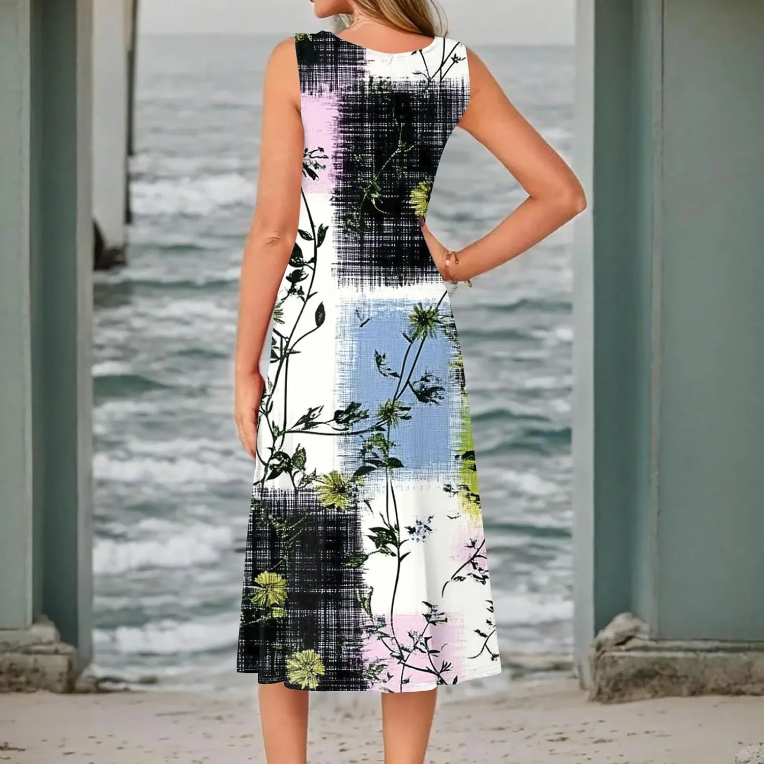 Summer Dresses for Women 2025 Midi Short Sleeve O Neck Sleeveless Dresses Beach Sundress A Line Dress with Side Pocket