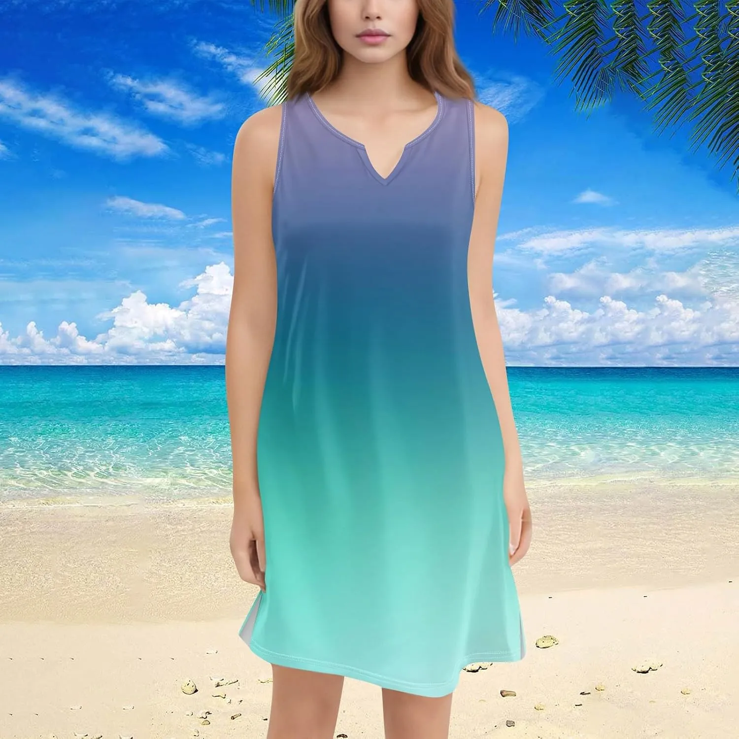 Summer Dresses for Women 2025 Solid Color Casual Sleeveless V-Neck Tank Dress Flowy A-Line Beach Vacation Sundresses