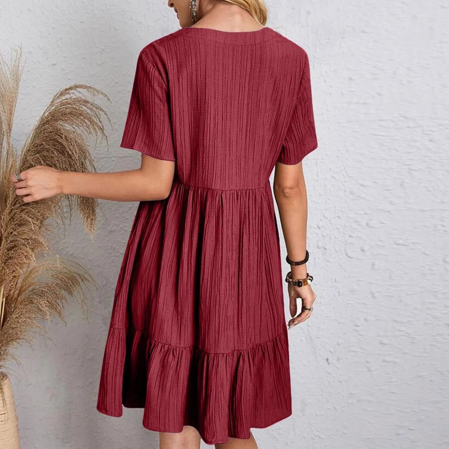 Summer Dresses for Women 2025 Vacation Short Sleeve v Neck Mini T Shirt Dress Pleated Ruffle Flowy Beach Sundresses