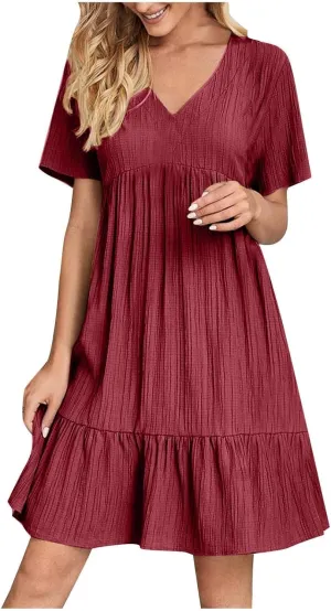 Summer Dresses for Women 2025 Vacation Short Sleeve v Neck Mini T Shirt Dress Pleated Ruffle Flowy Beach Sundresses