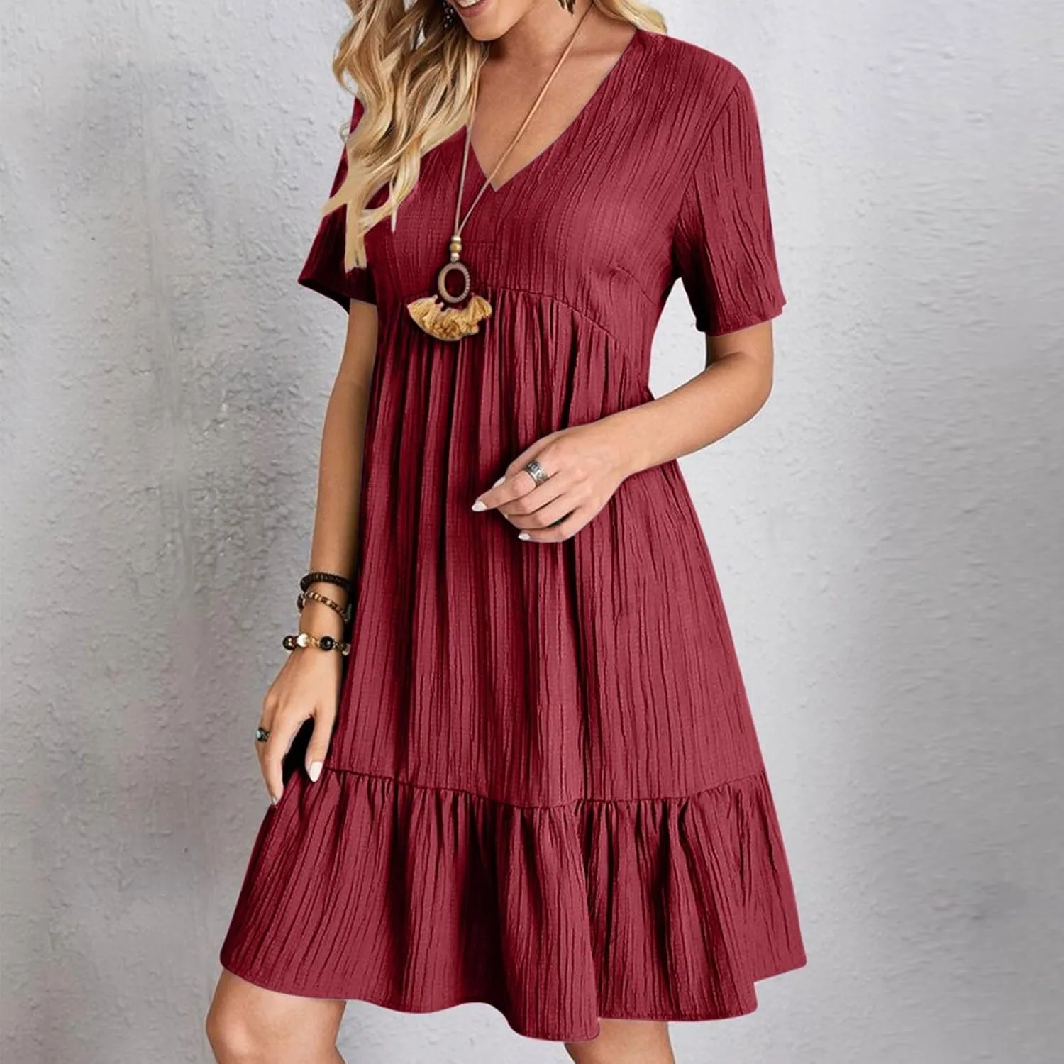 Summer Dresses for Women 2025 Vacation Short Sleeve v Neck Mini T Shirt Dress Pleated Ruffle Flowy Beach Sundresses
