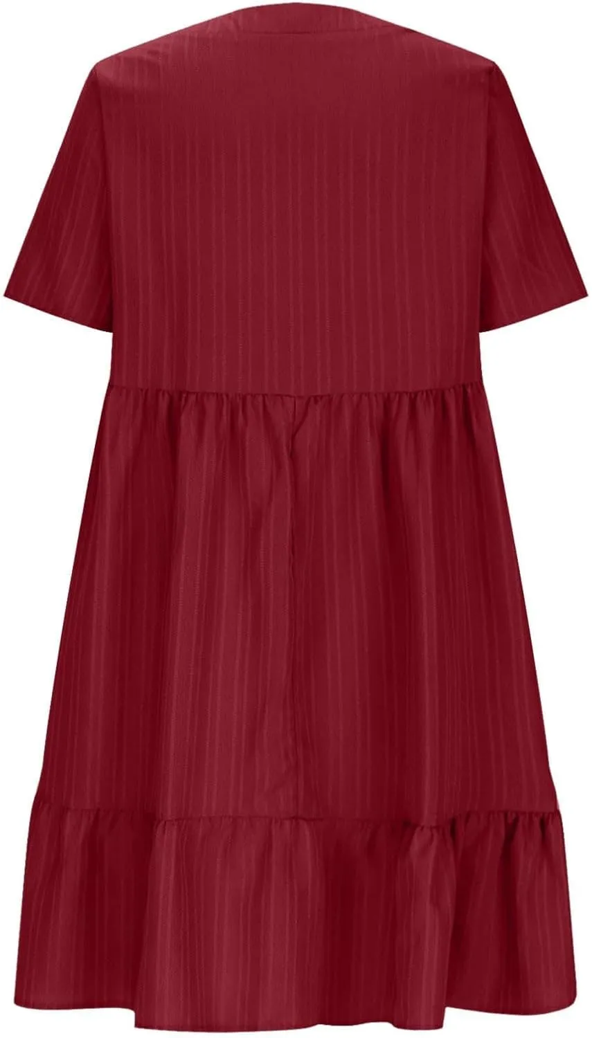 Summer Dresses for Women 2025 Vacation Short Sleeve v Neck Mini T Shirt Dress Pleated Ruffle Flowy Beach Sundresses