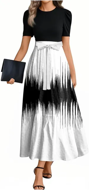 Summer Dresses for Women Short Sleeve Round Neck Vintage Floral Elegant Trendy Flowy High Waist Belted Maxi Sundress