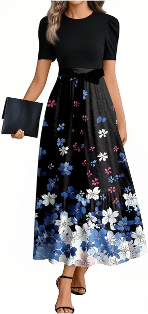 Summer Dresses for Women Short Sleeve Round Neck Vintage Floral Elegant Trendy Flowy High Waist Belted Maxi Sundress