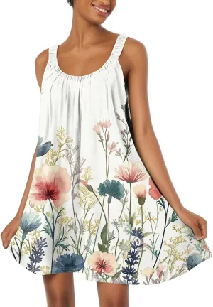 Summer Dresses for Women Sleeveless Spaghetti Strap Casual Boho Dresses Square Neck Ruffle Front Short Nightgowns