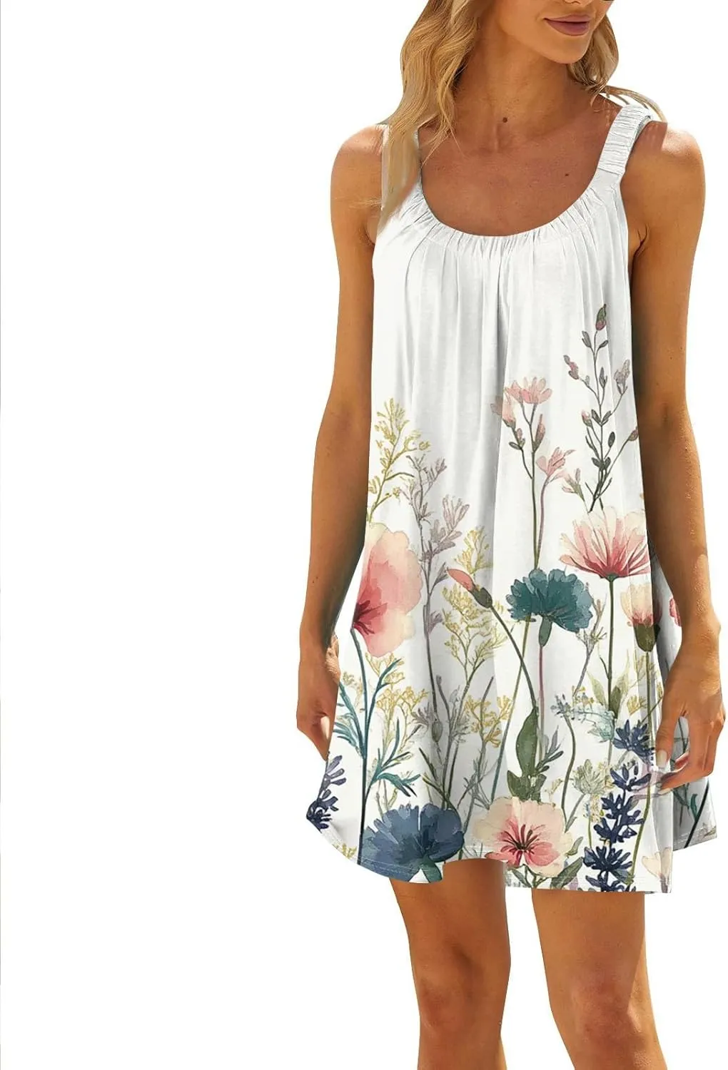 Summer Dresses for Women Sleeveless Spaghetti Strap Casual Boho Dresses Square Neck Ruffle Front Short Nightgowns