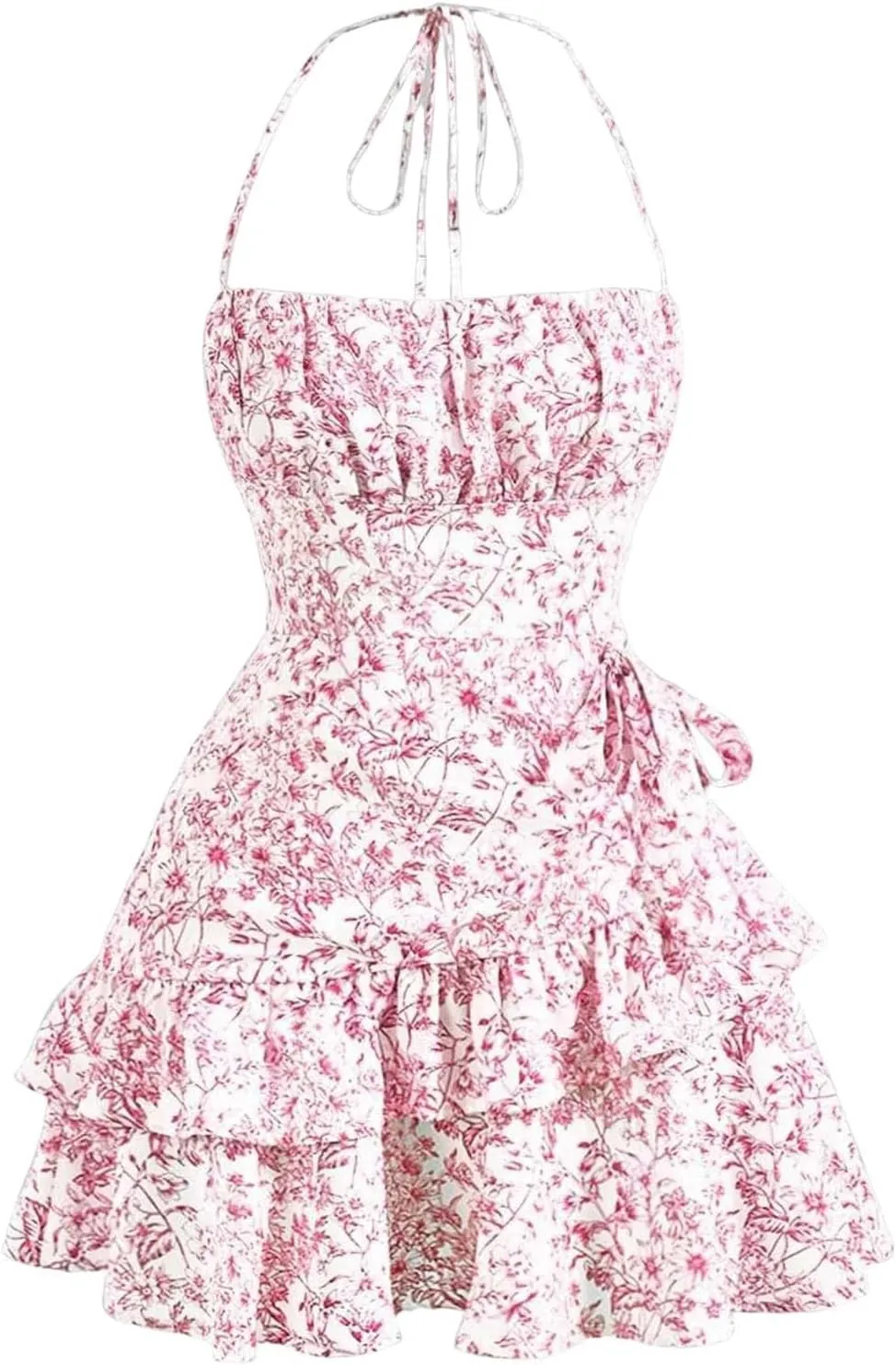 Summer Dresses for Women,Tie Halter Mini Dress,Floral Print Short Dress,Ruffle Trim Casual Dresses