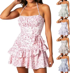 Summer Dresses for Women,Tie Halter Mini Dress,Floral Print Short Dress,Ruffle Trim Casual Dresses