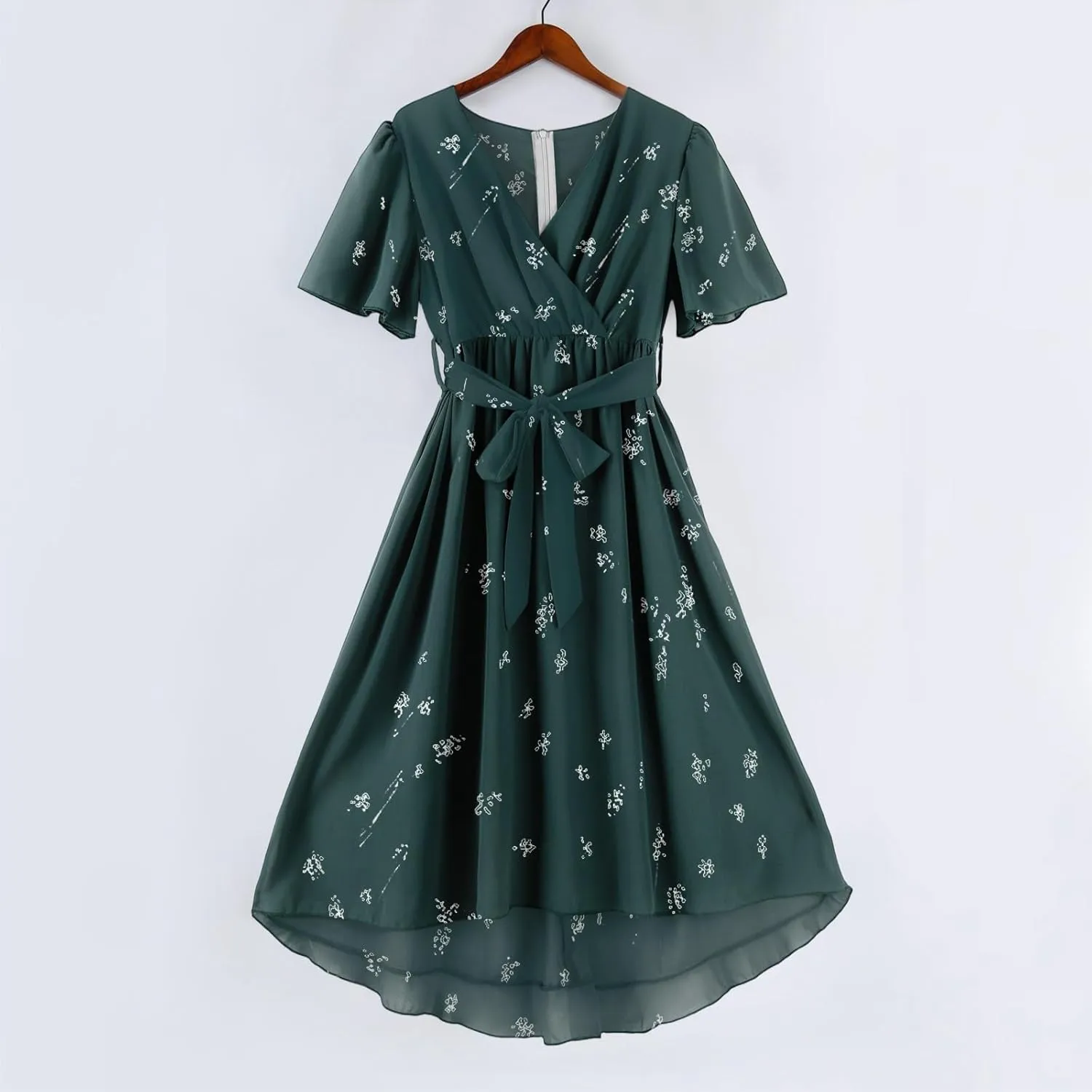 Summer Floral Dresses for Women 2025 Midi Wedding Guest Dress Chiffon Dresses V Neck Short Sleeve Tie Waist Ruffled Hem