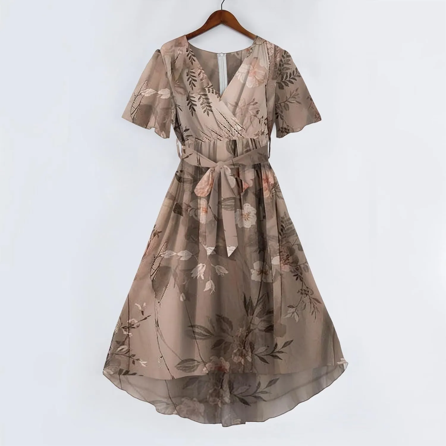 Summer Floral Dresses for Women 2025 Midi Wedding Guest Dress Chiffon Dresses V Neck Short Sleeve Tie Waist Ruffled Hem
