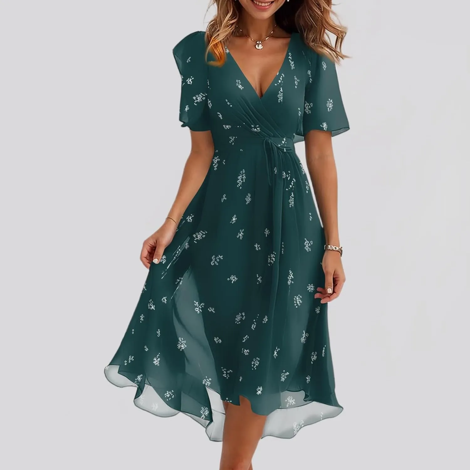 Summer Floral Dresses for Women 2025 Midi Wedding Guest Dress Chiffon Dresses V Neck Short Sleeve Tie Waist Ruffled Hem