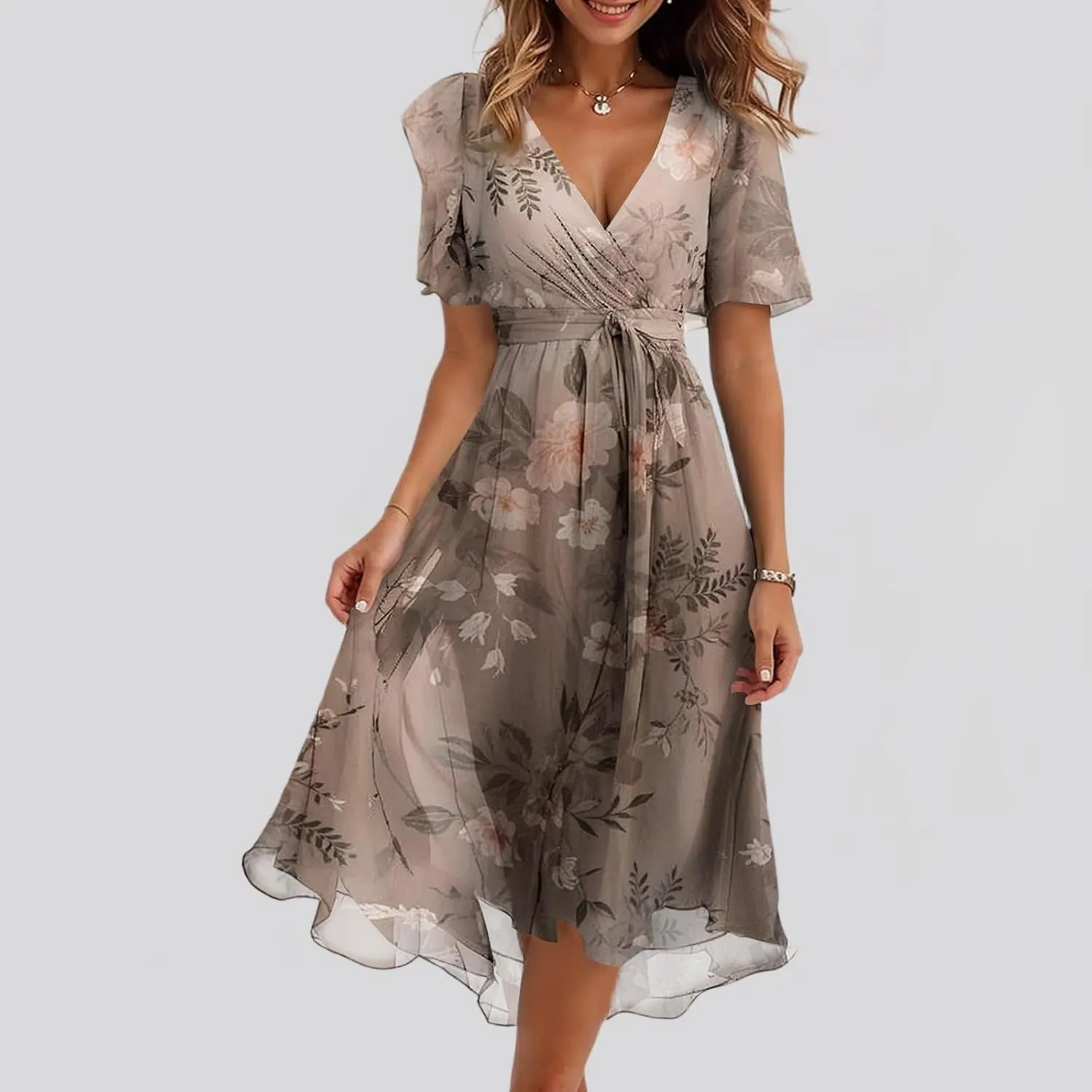 Summer Floral Dresses for Women 2025 Midi Wedding Guest Dress Chiffon Dresses V Neck Short Sleeve Tie Waist Ruffled Hem