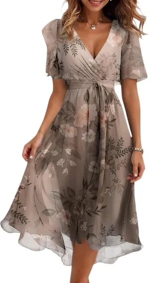 Summer Floral Dresses for Women 2025 Midi Wedding Guest Dress Chiffon Dresses V Neck Short Sleeve Tie Waist Ruffled Hem