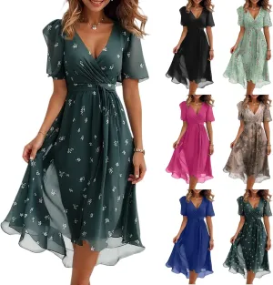 Summer Floral Dresses for Women 2025 Midi Wedding Guest Dress Chiffon Dresses V Neck Short Sleeve Tie Waist Ruffled Hem