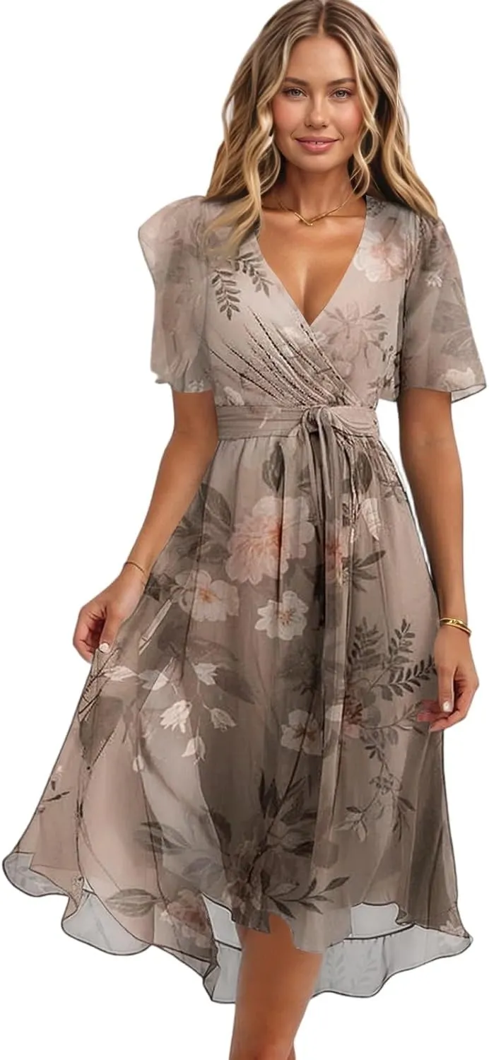 Summer Floral Dresses for Women 2025 Midi Wedding Guest Dress Chiffon Dresses V Neck Short Sleeve Tie Waist Ruffled Hem