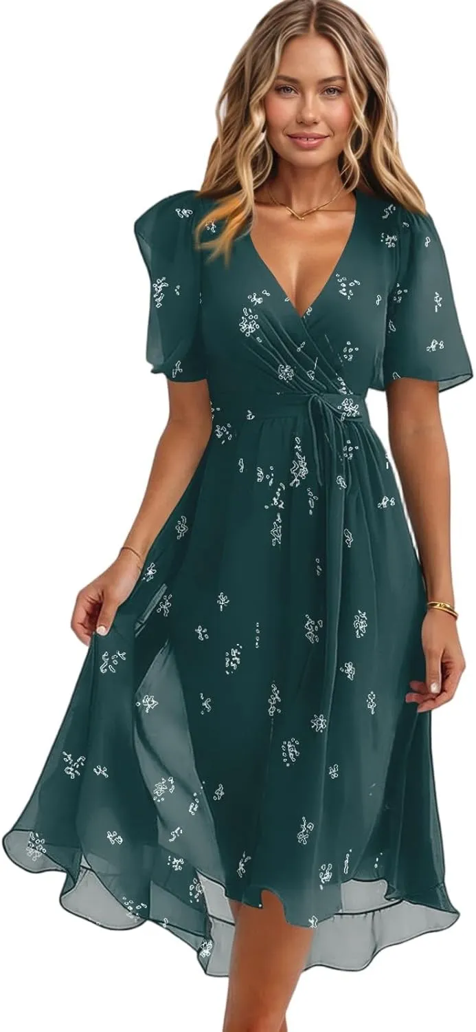 Summer Floral Dresses for Women 2025 Midi Wedding Guest Dress Chiffon Dresses V Neck Short Sleeve Tie Waist Ruffled Hem