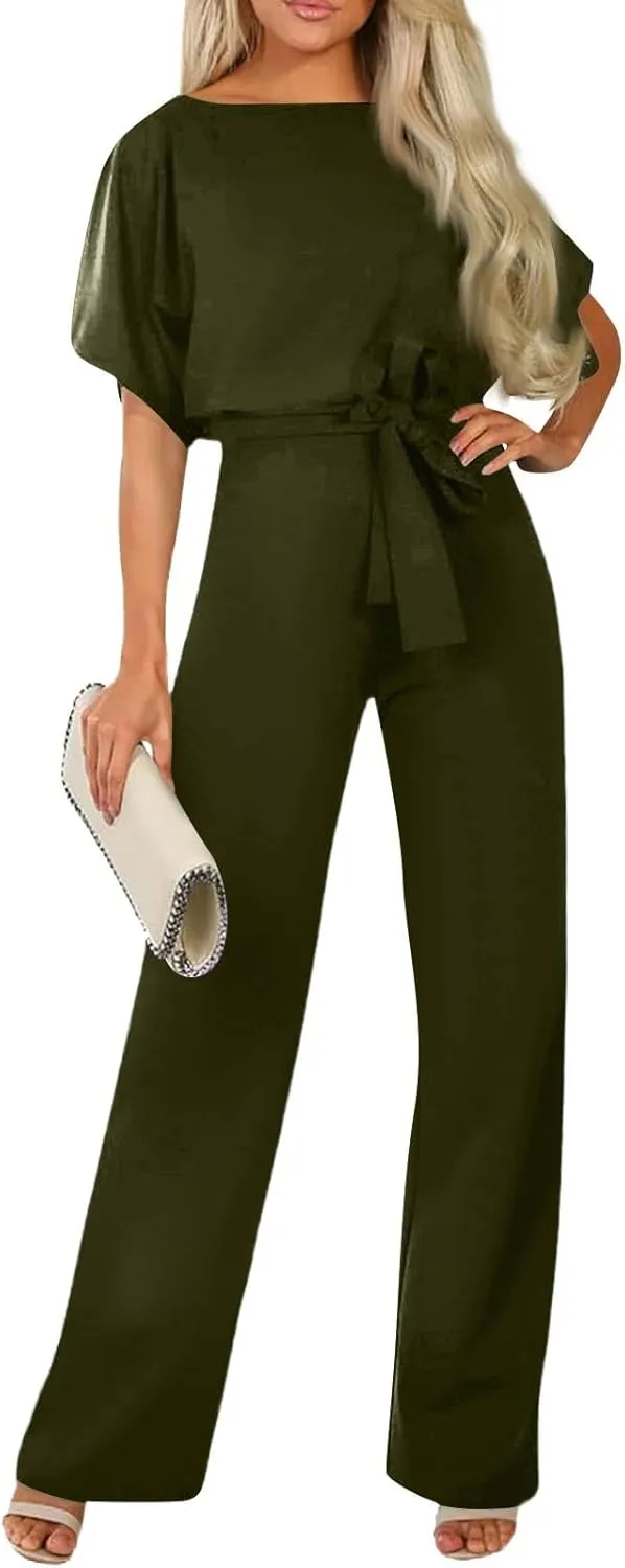 Summer Jumpsuits for Women Loose Short Sleeve Belted Wide Leg Pant Romper 2025 Casual One Piece Overalls Outfits