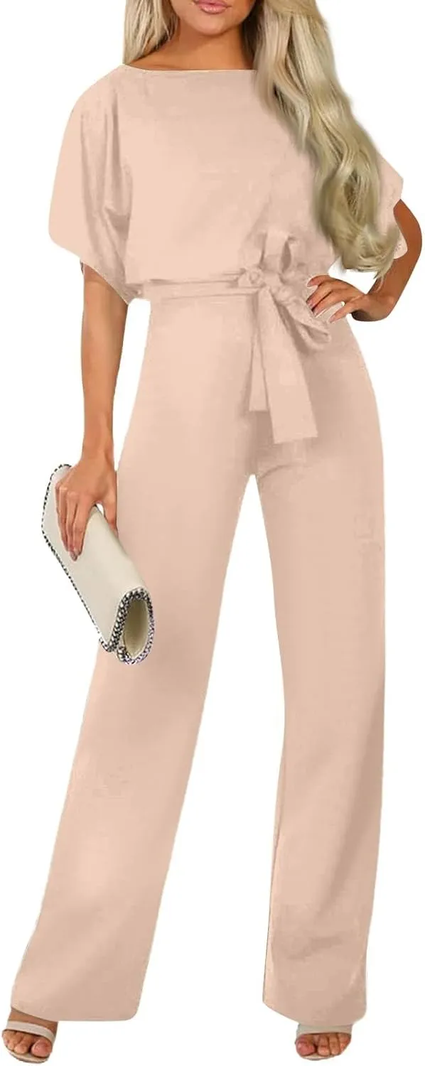 Summer Jumpsuits for Women Loose Short Sleeve Belted Wide Leg Pant Romper 2025 Casual One Piece Overalls Outfits