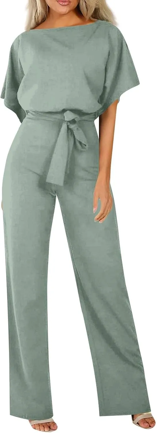 Summer Jumpsuits for Women Loose Short Sleeve Belted Wide Leg Pant Romper 2025 Casual One Piece Overalls Outfits