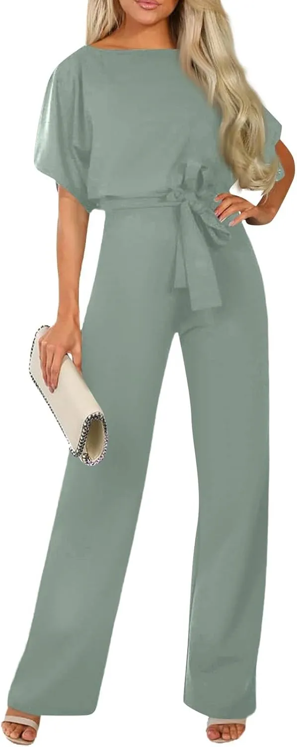 Summer Jumpsuits for Women Loose Short Sleeve Belted Wide Leg Pant Romper 2025 Casual One Piece Overalls Outfits