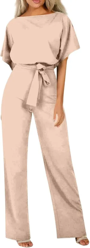 Summer Jumpsuits for Women Loose Short Sleeve Belted Wide Leg Pant Romper 2025 Casual One Piece Overalls Outfits