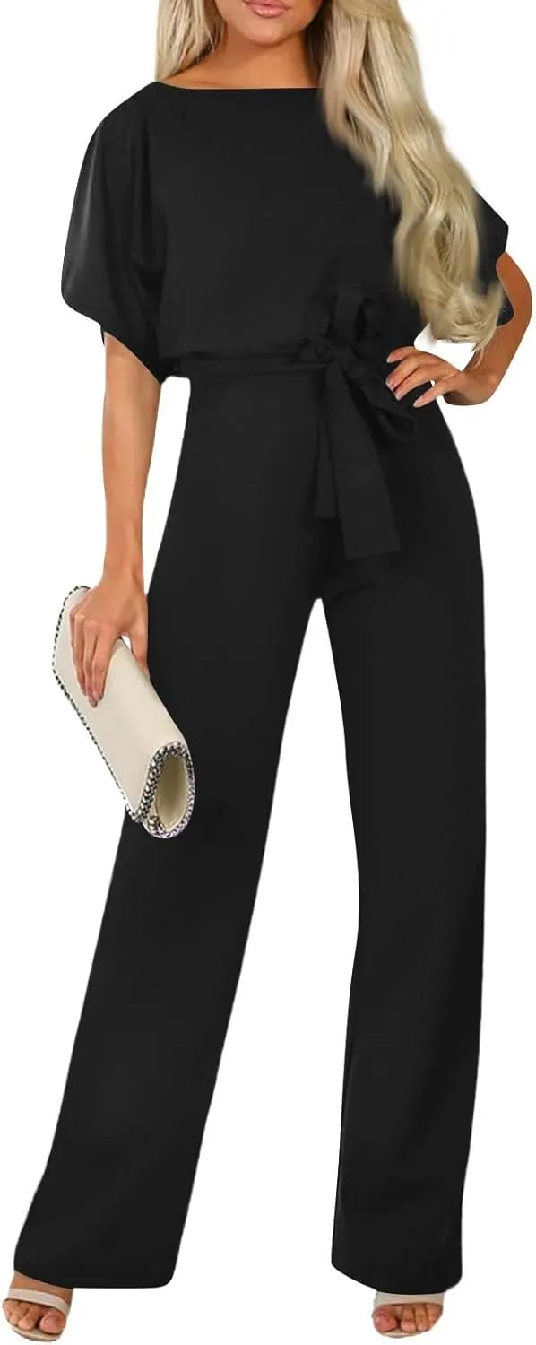 Summer Jumpsuits for Women Loose Short Sleeve Belted Wide Leg Pant Romper 2025 Casual One Piece Overalls Outfits