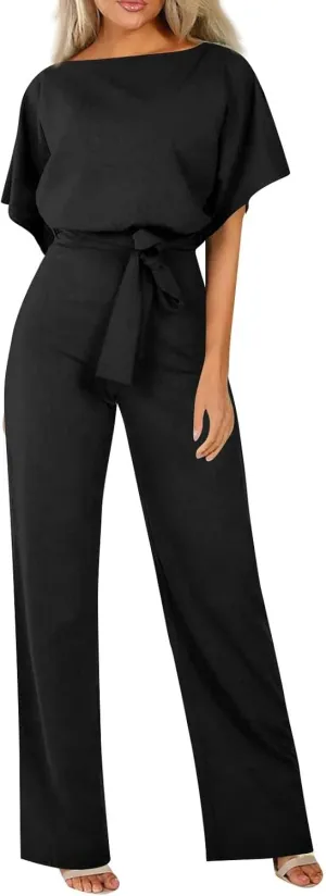 Summer Jumpsuits for Women Loose Short Sleeve Belted Wide Leg Pant Romper 2025 Casual One Piece Overalls Outfits