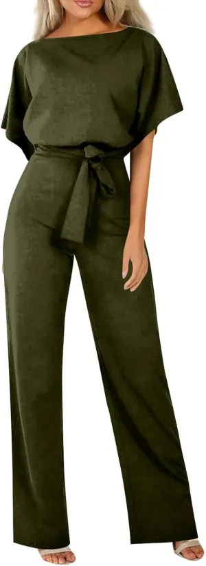 Summer Jumpsuits for Women Loose Short Sleeve Belted Wide Leg Pant Romper 2025 Casual One Piece Overalls Outfits