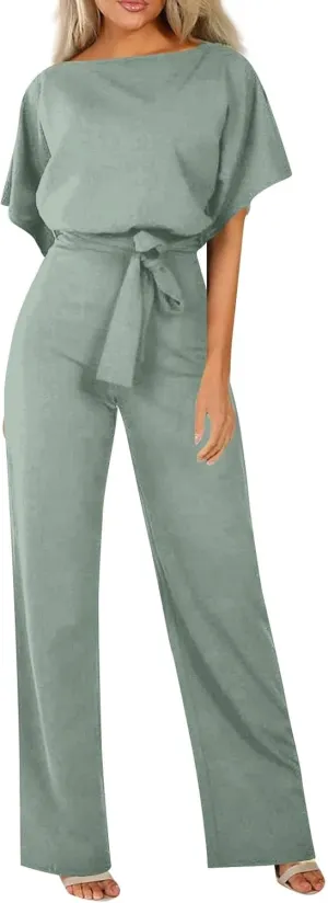 Summer Jumpsuits for Women Loose Short Sleeve Belted Wide Leg Pant Romper 2025 Casual One Piece Overalls Outfits