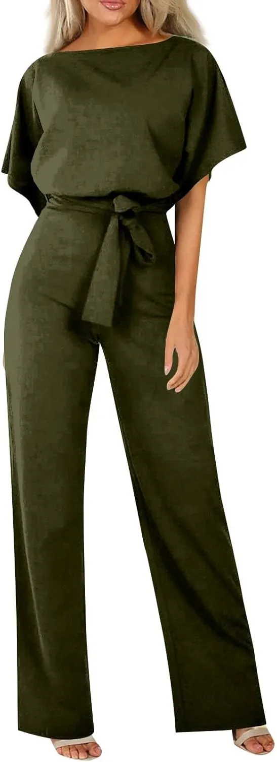 Summer Jumpsuits for Women Loose Short Sleeve Belted Wide Leg Pant Romper 2025 Casual One Piece Overalls Outfits