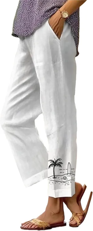 Summer Linen Pants for Women Casual Wide Leg Pants Plus Size Palazzo Pants Drawstring Elastic Waist Boho Pants