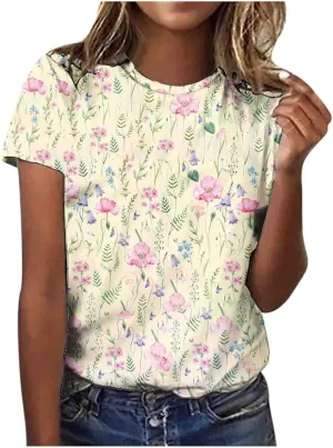Summer Shirts for Women 2024 Trendy Loose Floral Crewneck T Shirts Casual Vintage Tunic Top Dressy Blouses