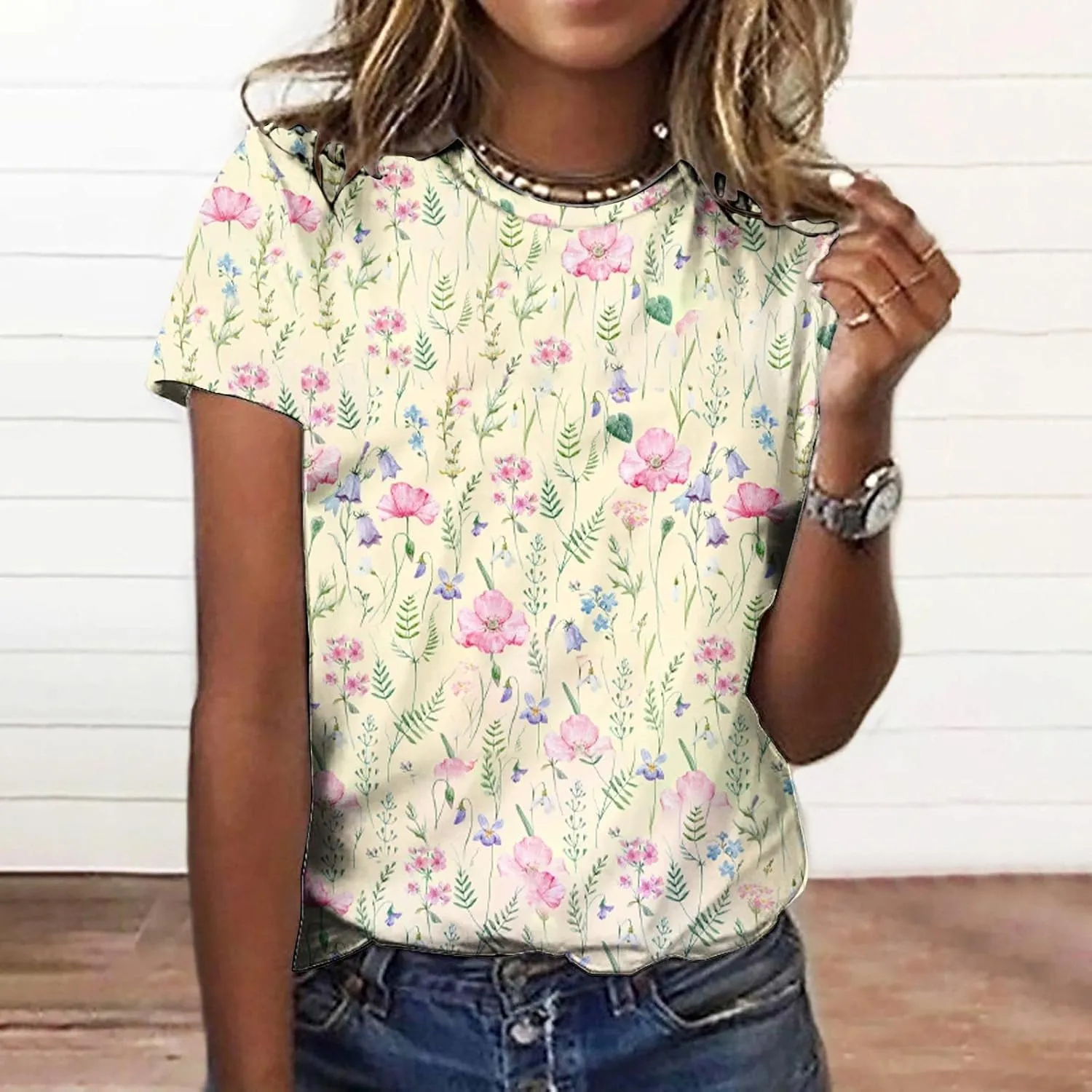 Summer Shirts for Women 2024 Trendy Loose Floral Crewneck T Shirts Casual Vintage Tunic Top Dressy Blouses
