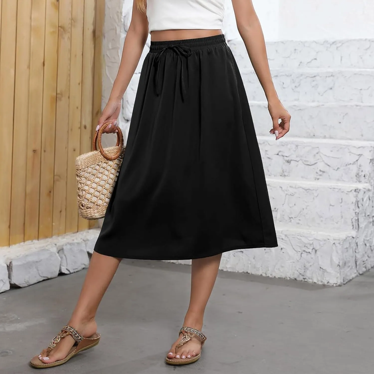 Summer Skirts for Women 2025 A Line Floral Print Midi Length Skirt Tie Knot Stretchy Beach Pleated Skirts with Pockets