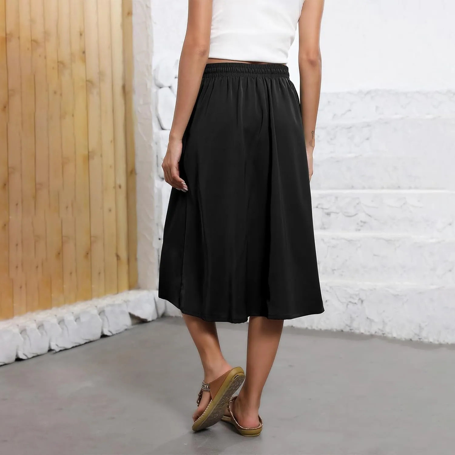 Summer Skirts for Women 2025 A Line Floral Print Midi Length Skirt Tie Knot Stretchy Beach Pleated Skirts with Pockets