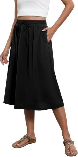 Summer Skirts for Women 2025 A Line Floral Print Midi Length Skirt Tie Knot Stretchy Beach Pleated Skirts with Pockets