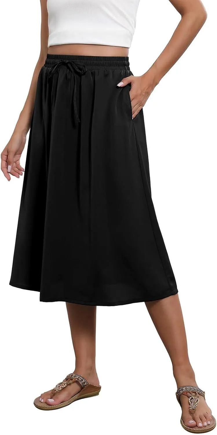 Summer Skirts for Women 2025 A Line Floral Print Midi Length Skirt Tie Knot Stretchy Beach Pleated Skirts with Pockets