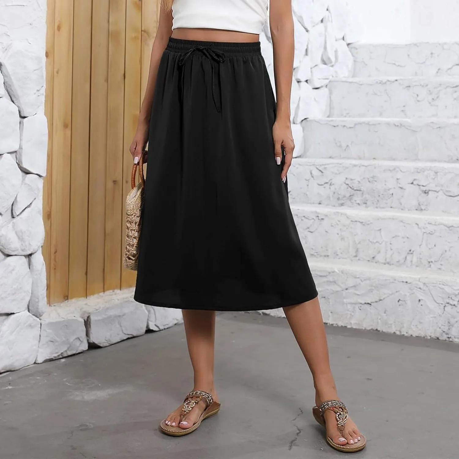 Summer Skirts for Women 2025 A Line Floral Print Midi Length Skirt Tie Knot Stretchy Beach Pleated Skirts with Pockets