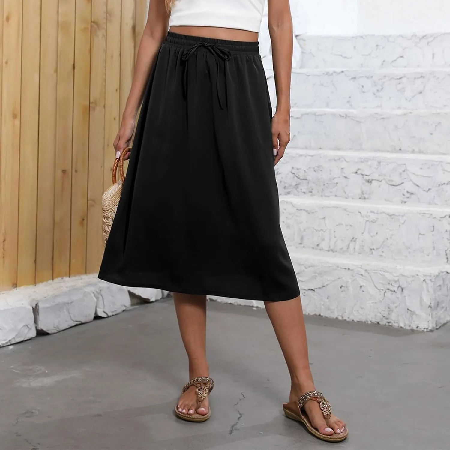Summer Skirts for Women 2025 A Line Floral Print Midi Length Skirt Tie Knot Stretchy Beach Pleated Skirts with Pockets