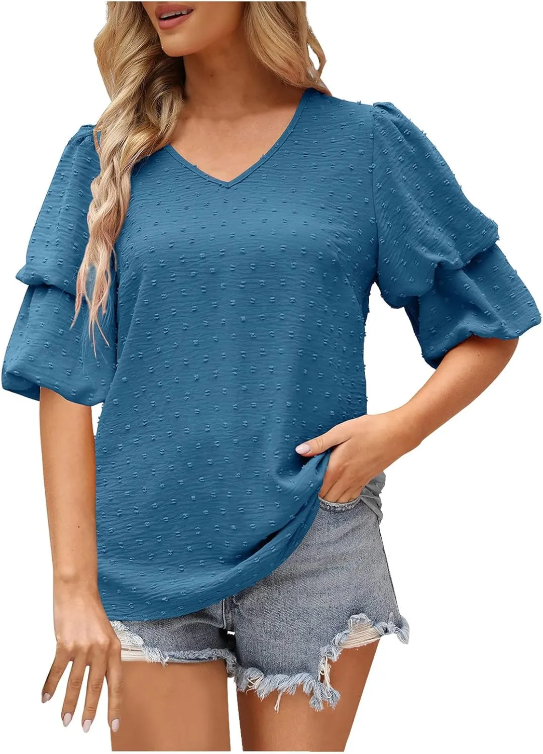 Summer Solid Color Tops Womens Chiffon Tunic V Neck Shirt Long Sleeve Tees Casual Polka Dot Blouse
