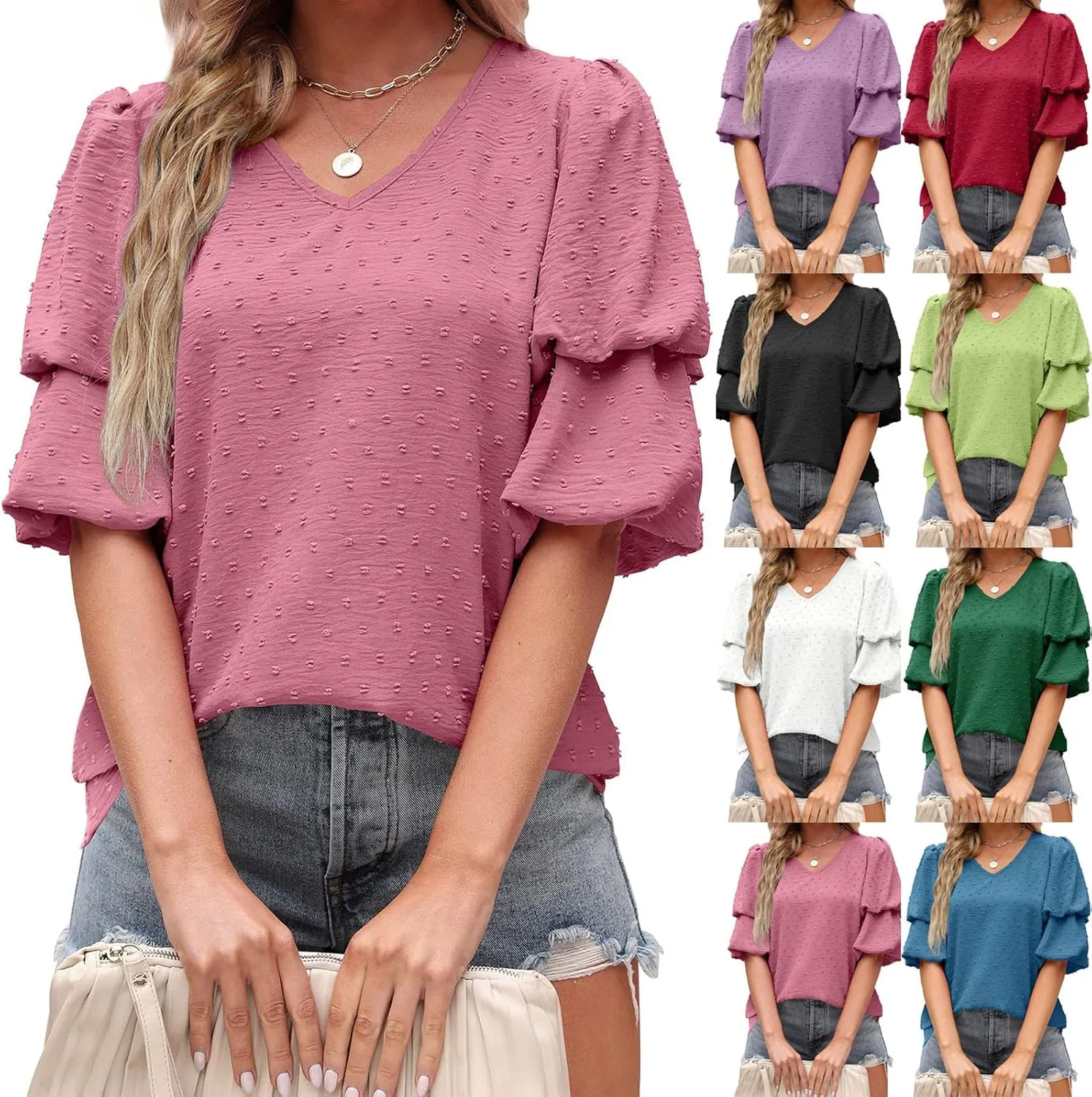 Summer Solid Color Tops Womens Chiffon Tunic V Neck Shirt Long Sleeve Tees Casual Polka Dot Blouse