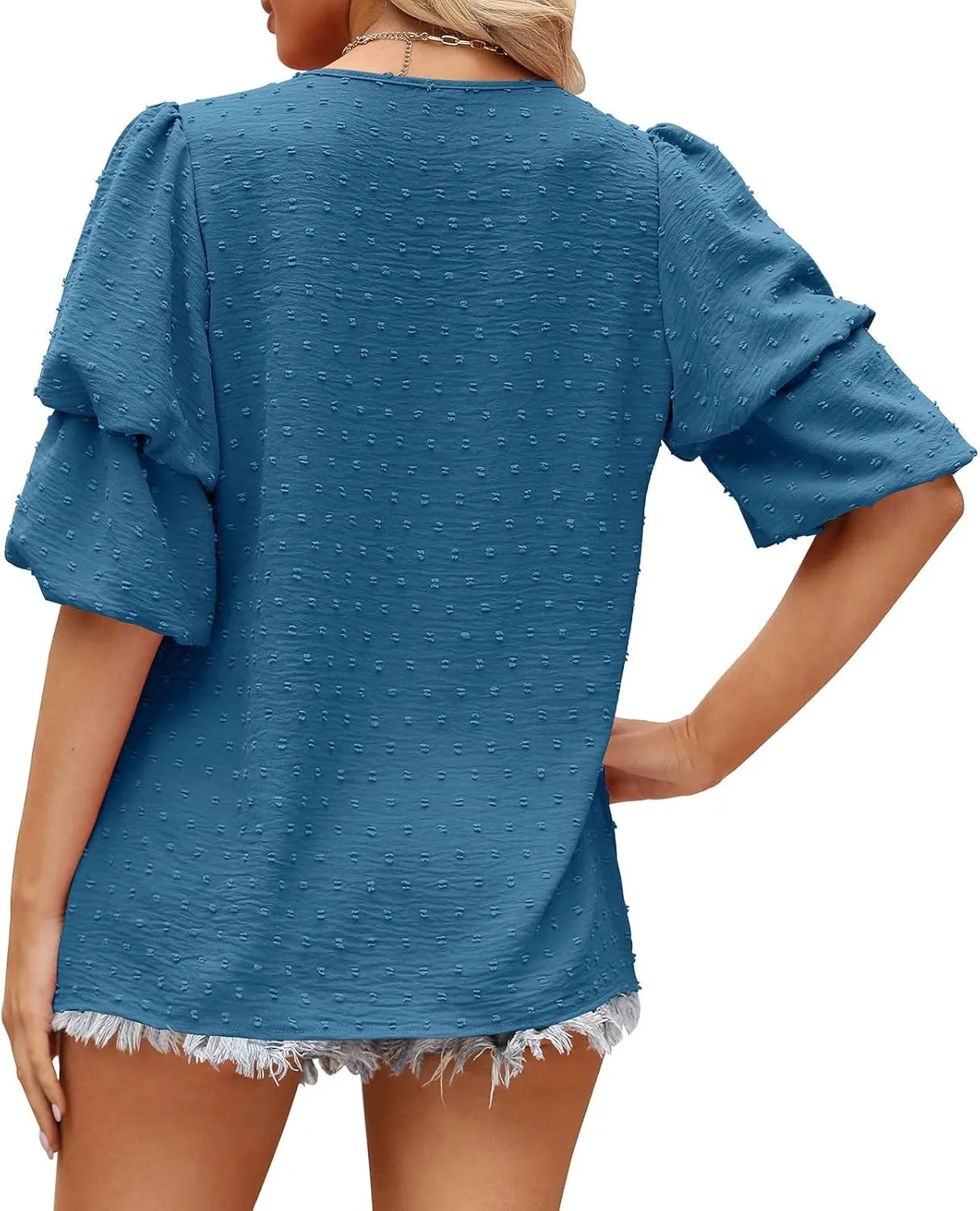 Summer Solid Color Tops Womens Chiffon Tunic V Neck Shirt Long Sleeve Tees Casual Polka Dot Blouse