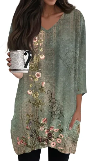 Summer Tops for Women Going Out Casual Tops Long V-Neck Spring Shirt 3/4 Length Sleeve Outfits