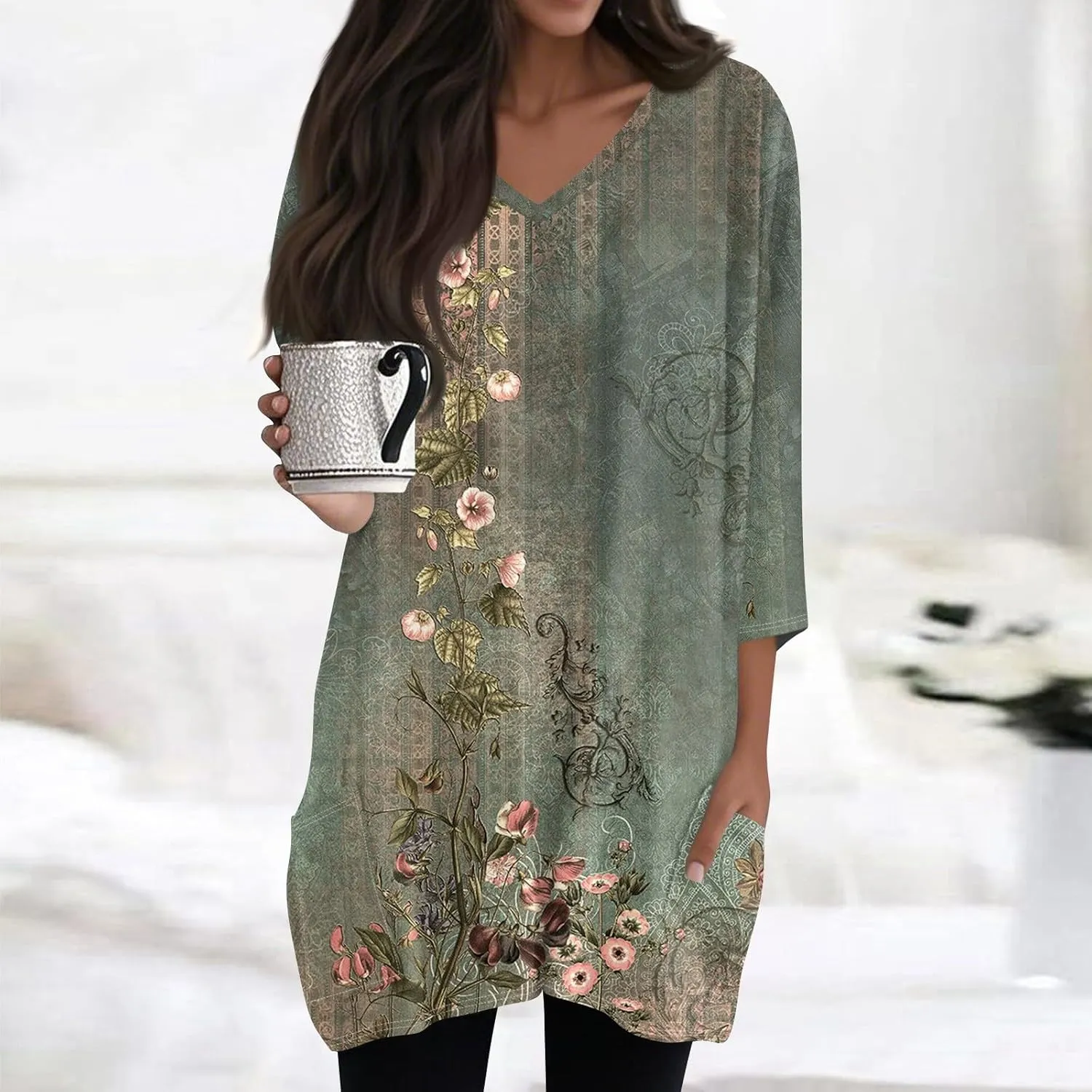 Summer Tops for Women Going Out Casual Tops Long V-Neck Spring Shirt 3/4 Length Sleeve Outfits