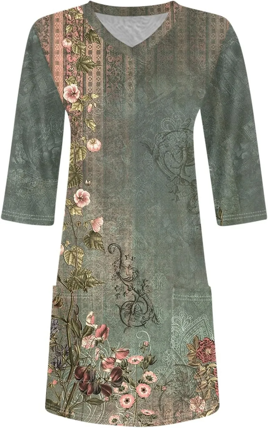 Summer Tops for Women Going Out Casual Tops Long V-Neck Spring Shirt 3/4 Length Sleeve Outfits