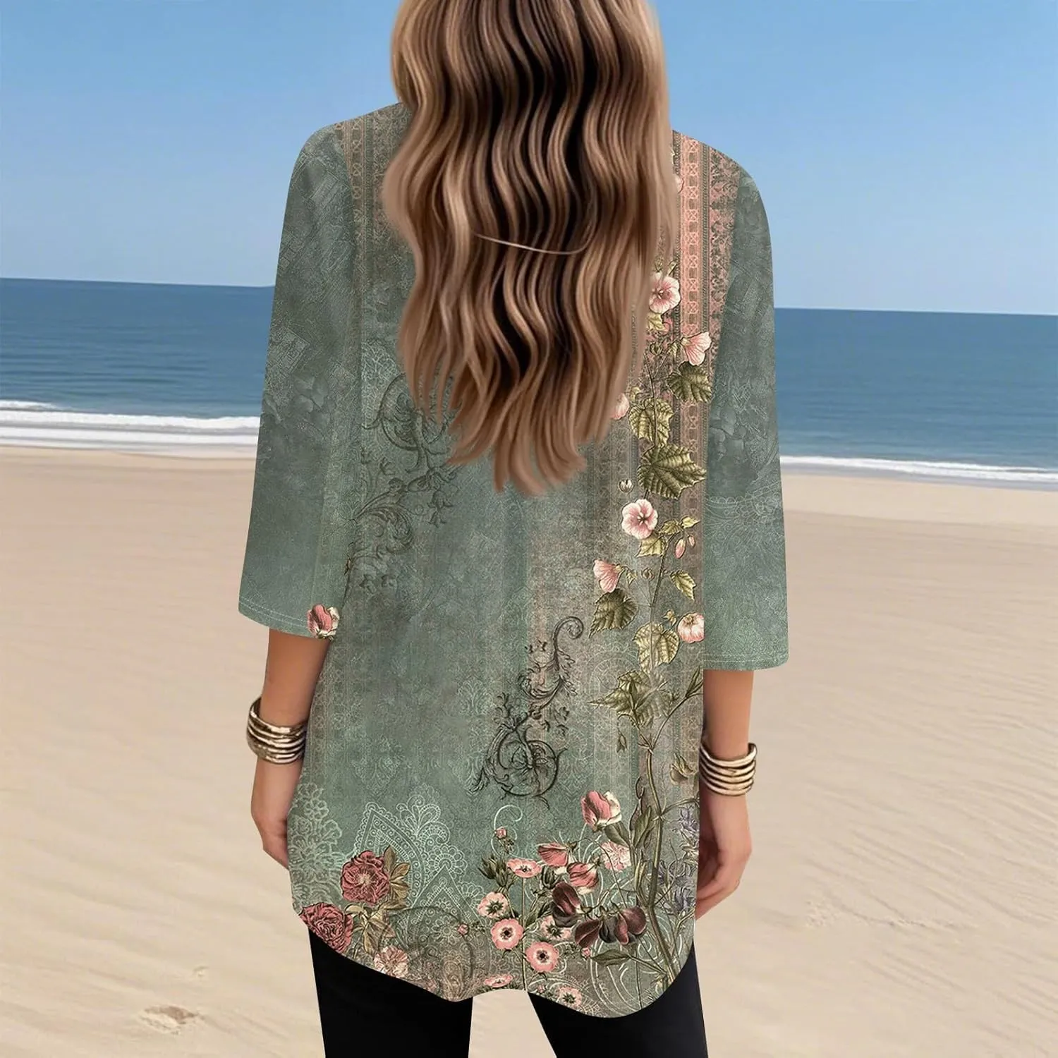 Summer Tops for Women Going Out Casual Tops Long V-Neck Spring Shirt 3/4 Length Sleeve Outfits