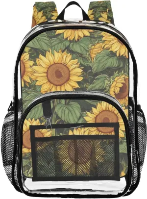 Sunflowers Field Clear Backpack with Back Print, Heavy Duty See Through Backpacks PVC Transparent Daypack for Travel Security