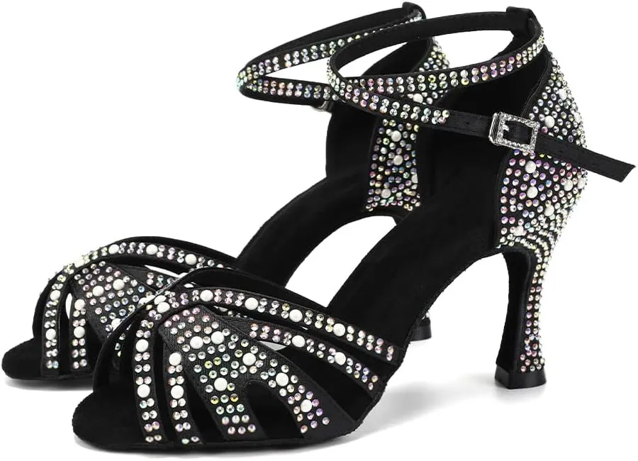 SWDZM Rhinestones Ballroom Dance Shoes Women Sparkling Latin Salsa Practice Dancing Shoes